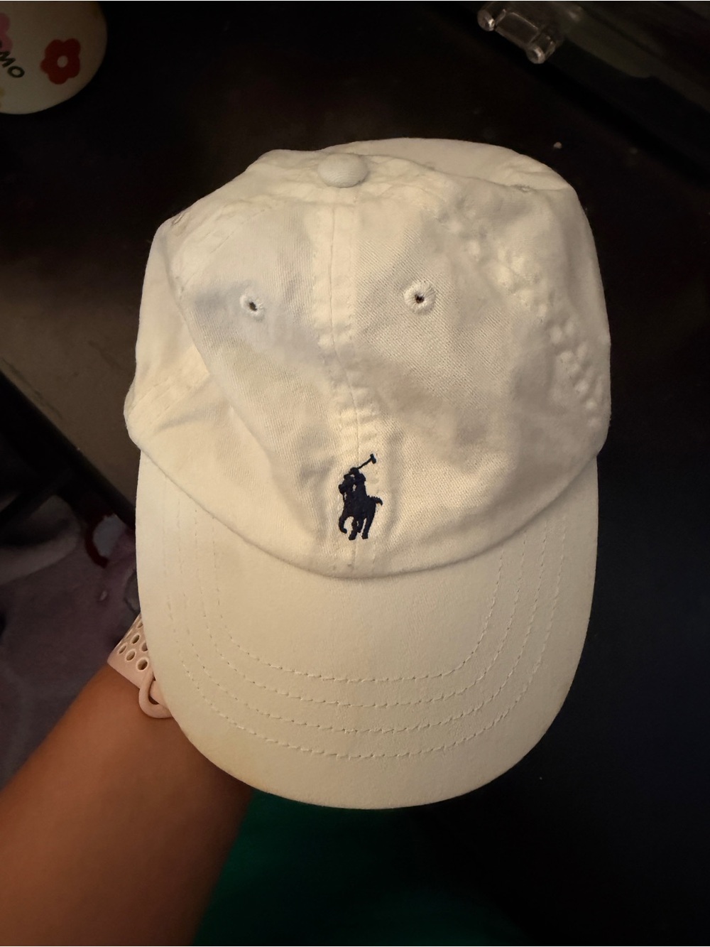 Ralph Lauren White Kids Polo Cap with Navy Pony Embroidery